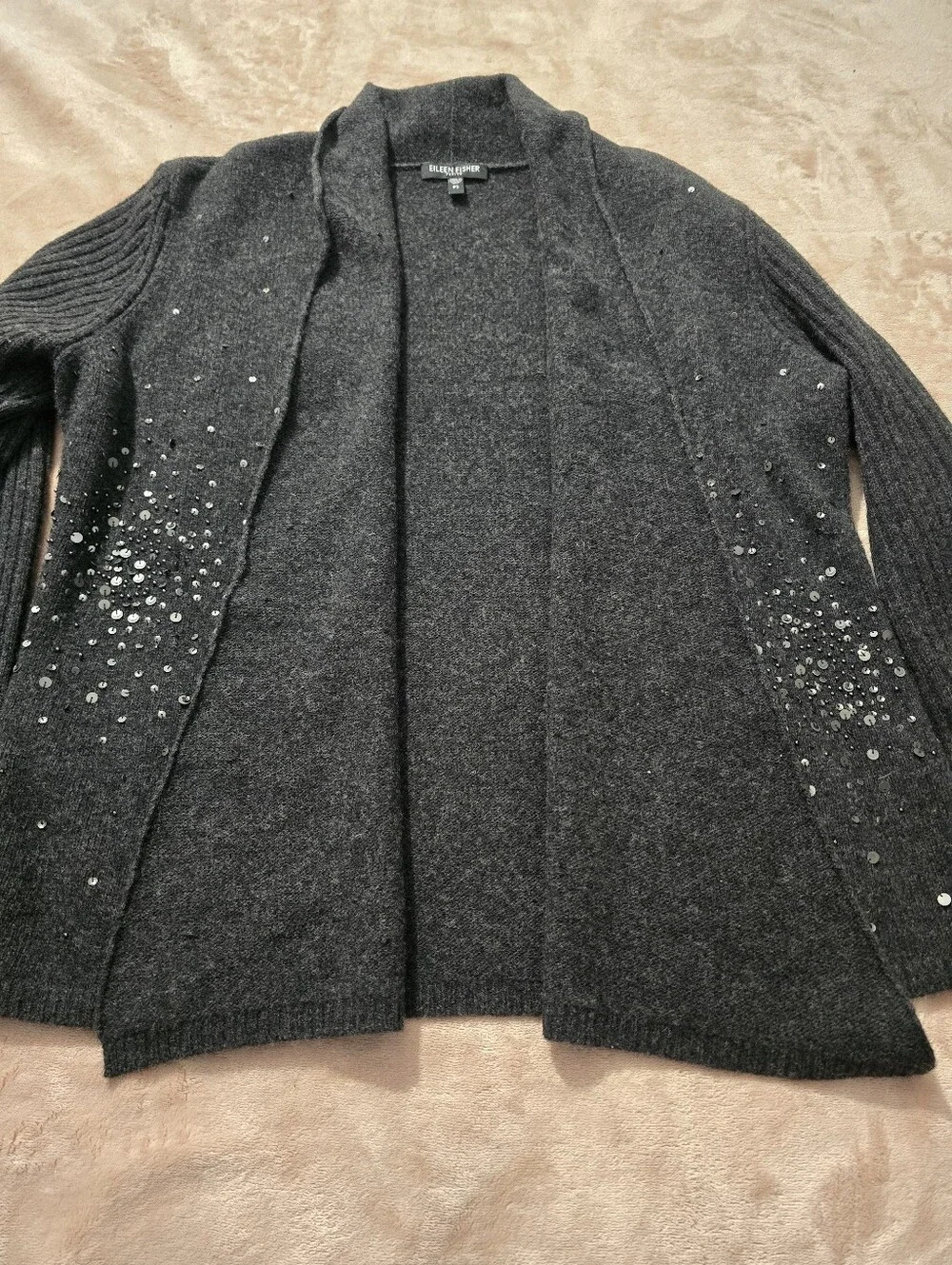 Eileen Fisher Merino Wool Cashmere Sequin Cardigan Gray Ribbed Sleeves Petite S